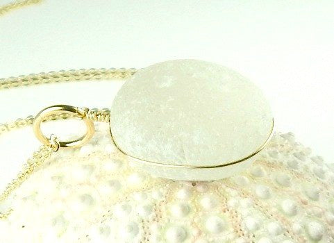 White English Sea Glass Pendant Necklace Wrapped In Gold