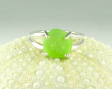 Genuine Sea Glass Ring Sterling Silver Solitaire Ring In Lime Green