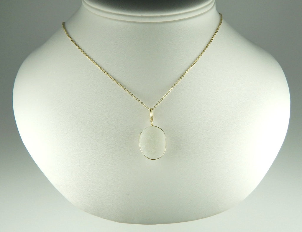 White English Sea Glass Pendant Necklace Wrapped In Gold