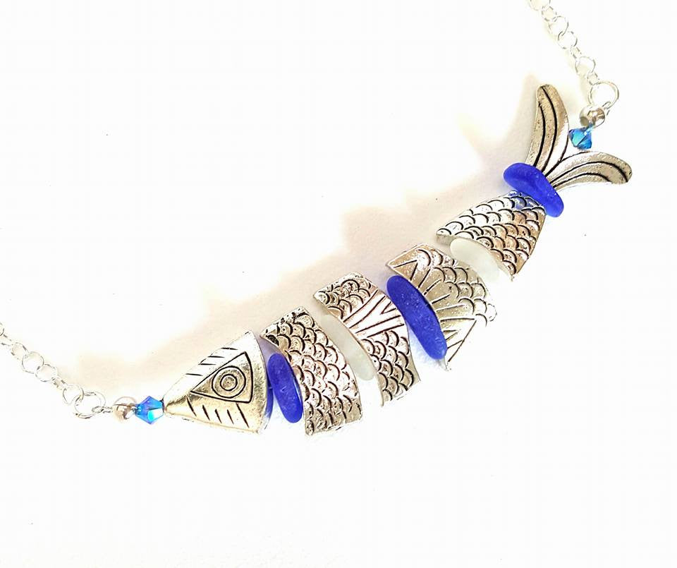 Statement Necklace Fish And Sea Glass Necklace In Silver And Blue