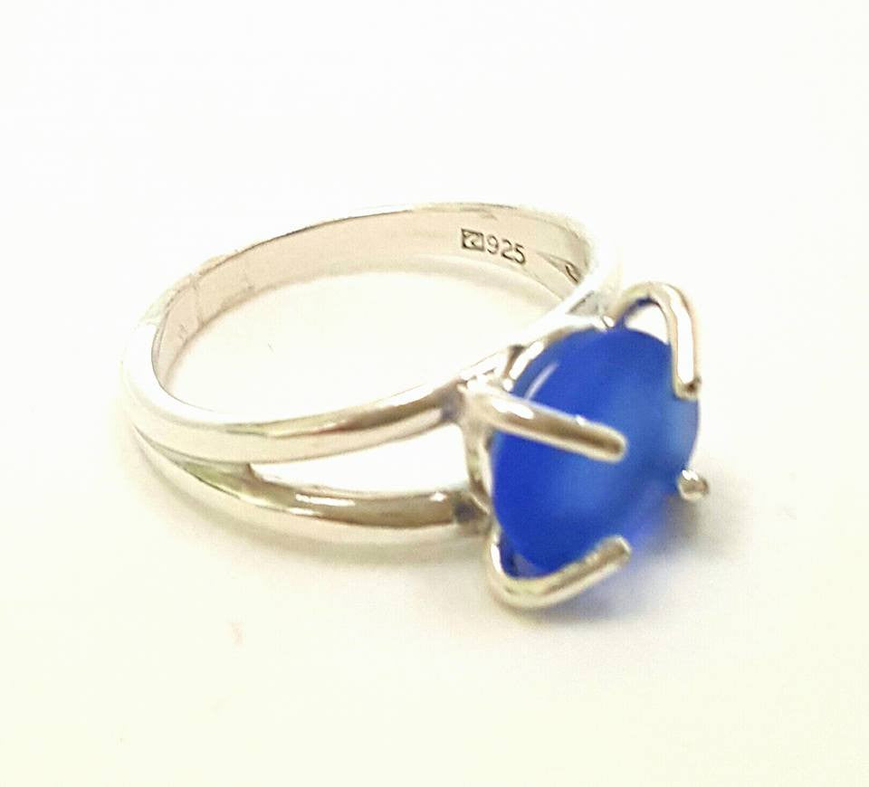 Genuine Sea Glass Ring Sterling Silver Solitaire Ring In Blue Seaglass