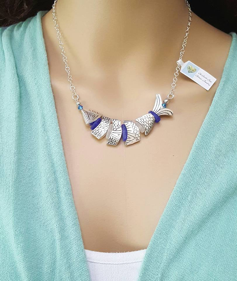 Statement Necklace Fish And Sea Glass Necklace In Silver And Blue