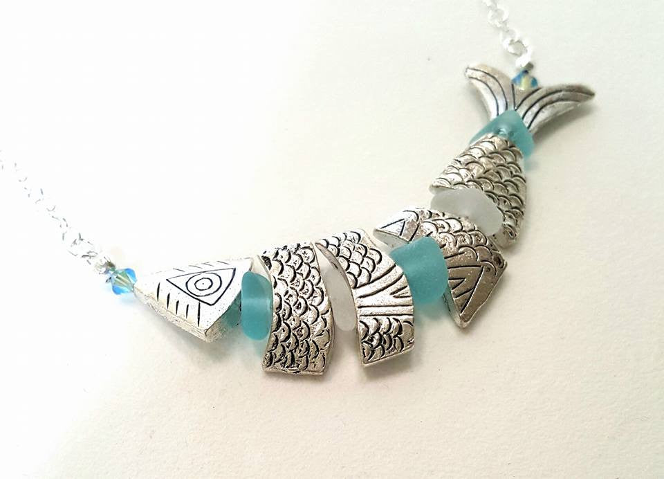 Fish Jewelry And Sea Glass Necklace In Silver And Deep Aqua Blue Seaglass Statement