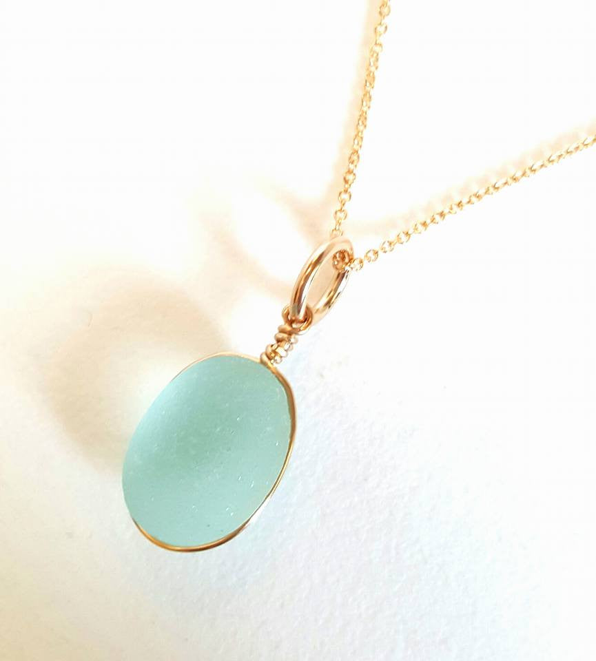 Blue English Sea Glass Necklace Wrapped In Gold