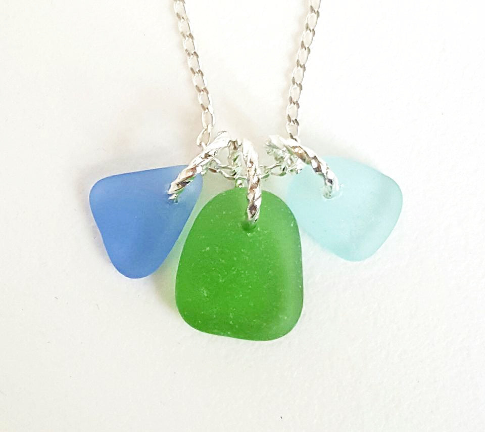 Beach Glass Necklace Trio of Green And Blues