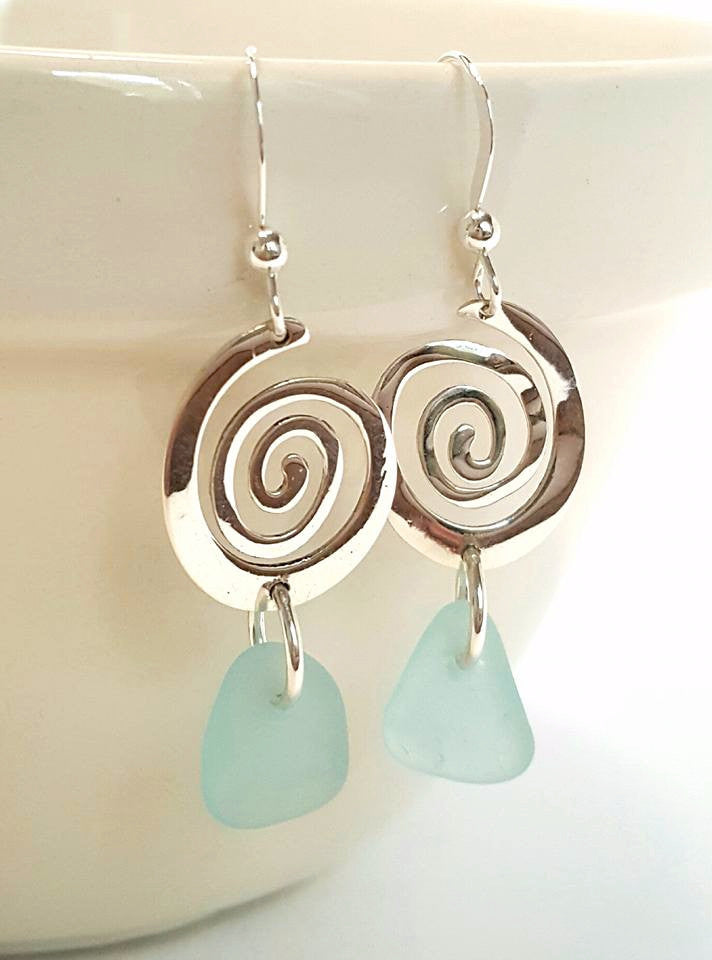 Aqua Sea Glass Earrings With Sterling Spirals.