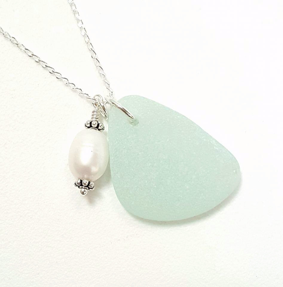 Real Sea Glass Necklace In Aqua With Pearl.