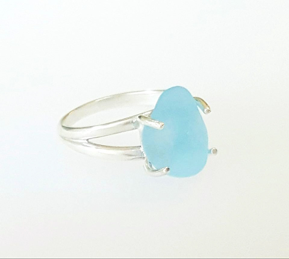 Real Sea Glass Ring Sterling Silver Solitaire Ring With Blue Seaglass