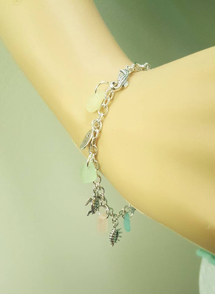 GENUINE Beach Glass Bracelet With Charms Turtle Starfish Sterling Silver