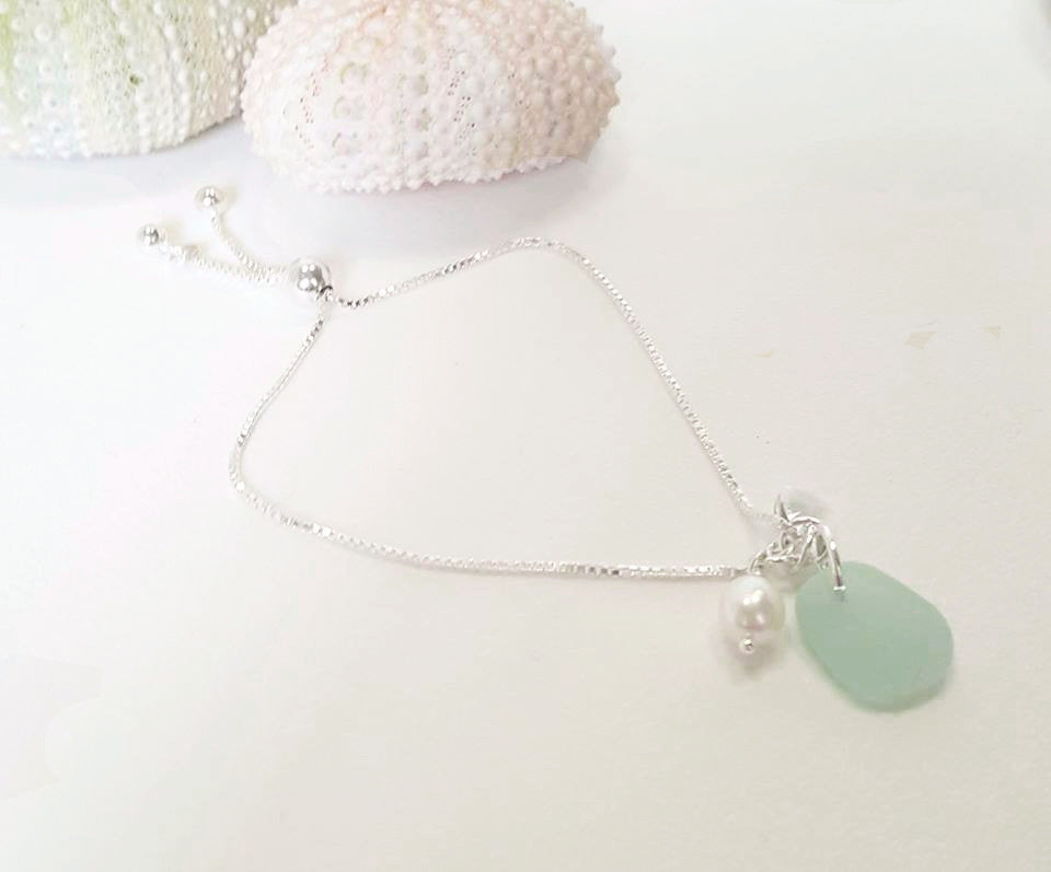 GENUINE Sea Glass Bracelet With Pearl And Crystal Fine Silver Adjustable