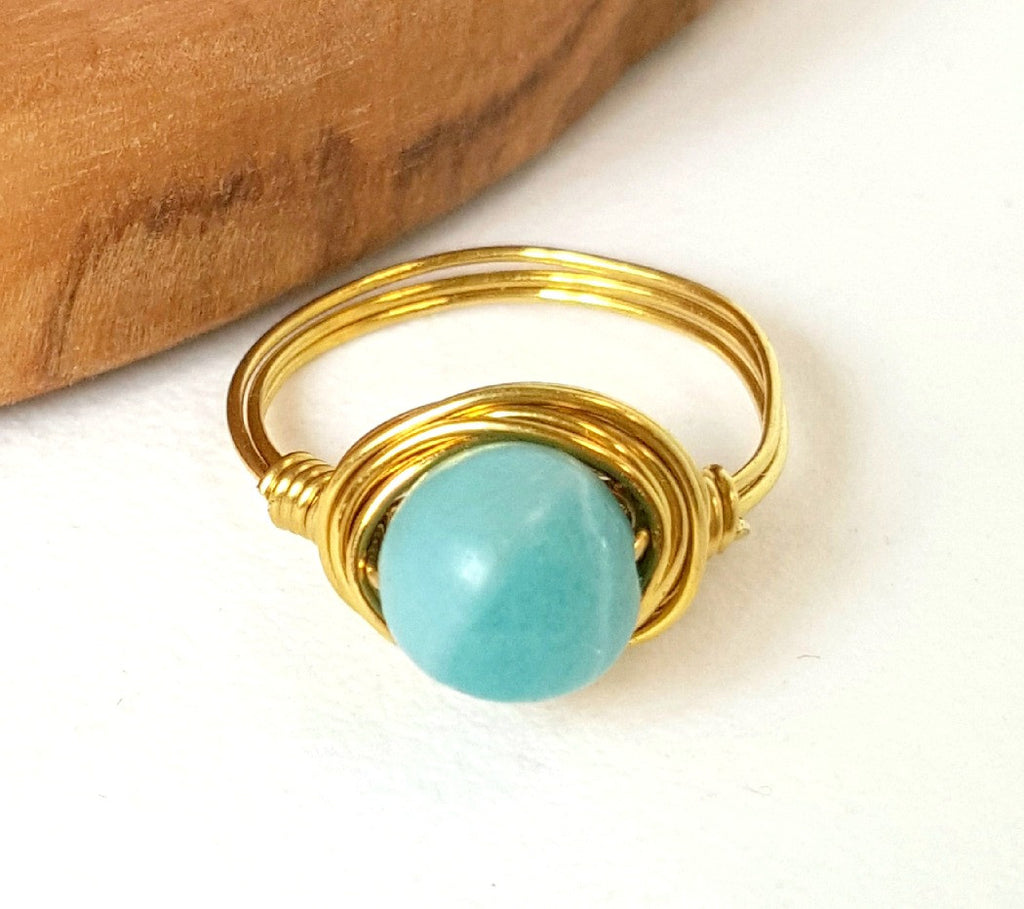 Artisan Amazonite Ring Hand Wire Wrapped Beachy