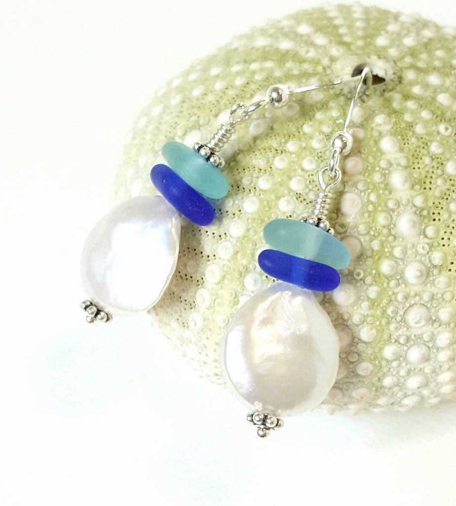 Authentic Blue Sea Glass Earrings With Coin Pearls