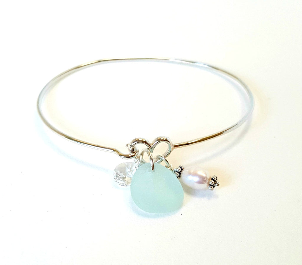 Authentic Sea Glass Bracelet In Aqua Blue And Sterling Silver