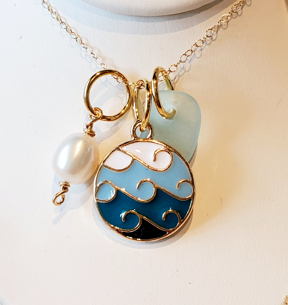 Gold Sea Glass Necklace With Waves in Blue