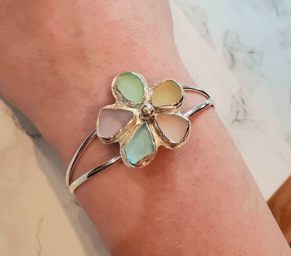 Flower Sea Glass Cuff Bracelet