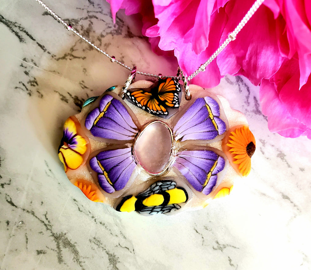 Statement Flower Necklace with Amethyst Sea Glass