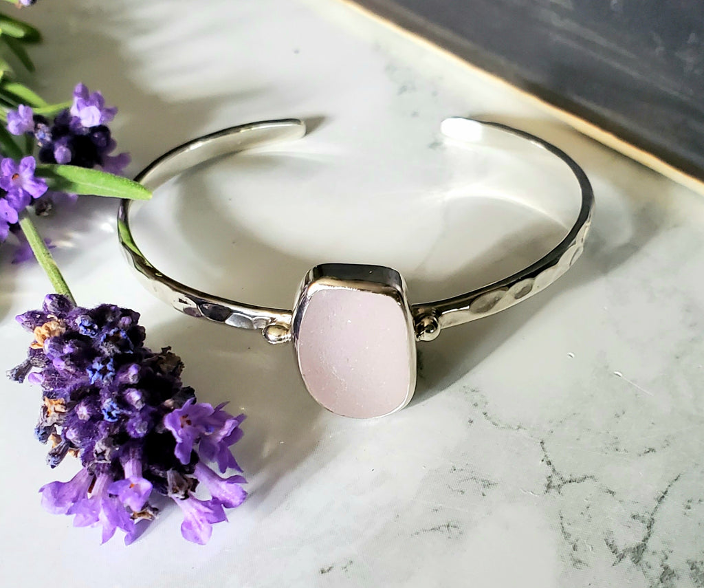 Real Lavender Sea Glass Cuff Bracelet In Sterling Silver
