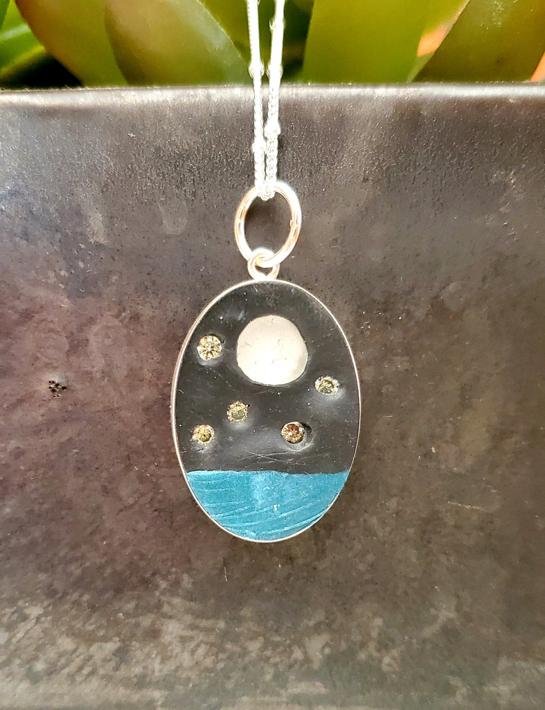 Artisan-made Sea Glass Moon Over Ocean Pendant Necklace
