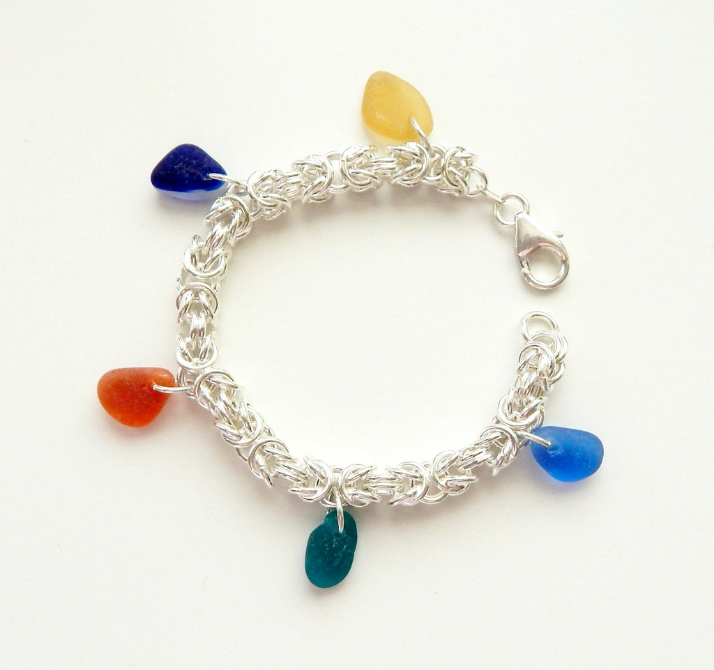 Genuine Sea Glass Bracelet In Sterling Silver Chainmaille