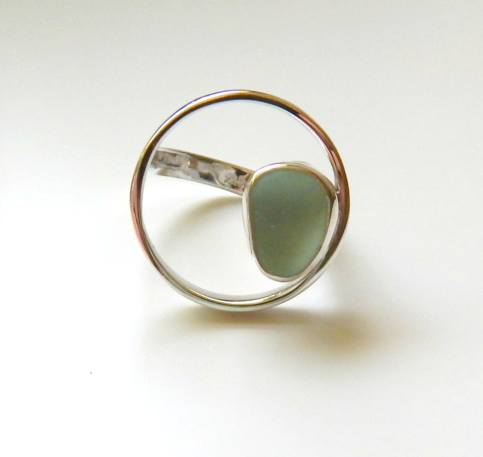 Aqua Blue Sea Glass Ring In Sterling Silver Circle Design