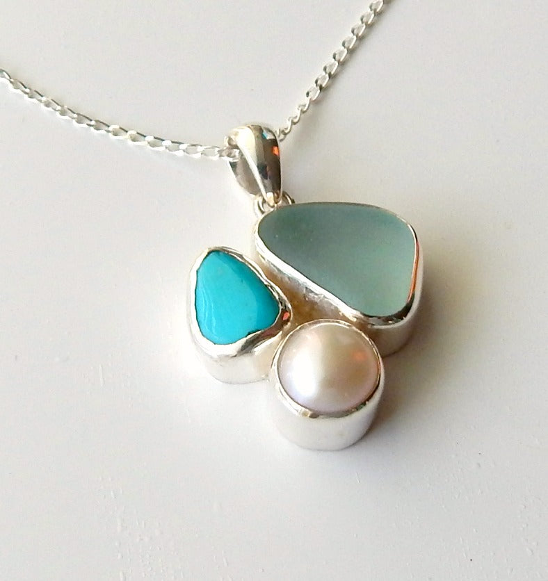 Turquoise, Sea Glass and Pearl Pendant Necklace - Beachy Earth, Sand and Sea Statement