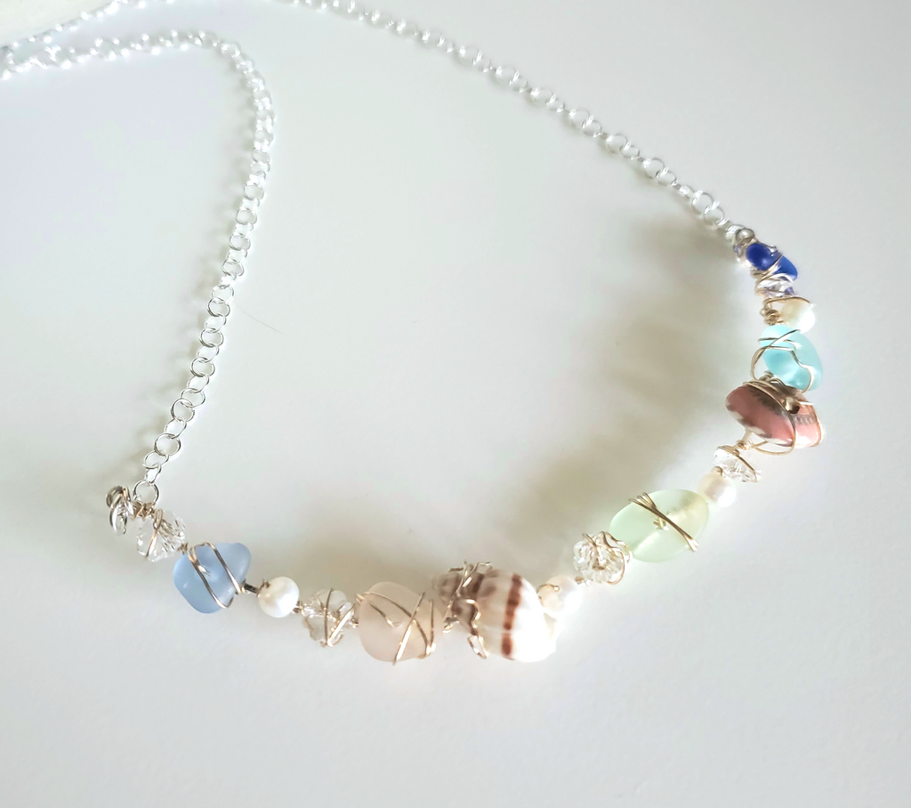 Genuine Sea Glass Necklace With Shells And Pearls In Silver And Gold Statement