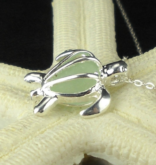 STERLING SILVER Turtle Locket With Real Sea Glass Necklace Choice Of Colors