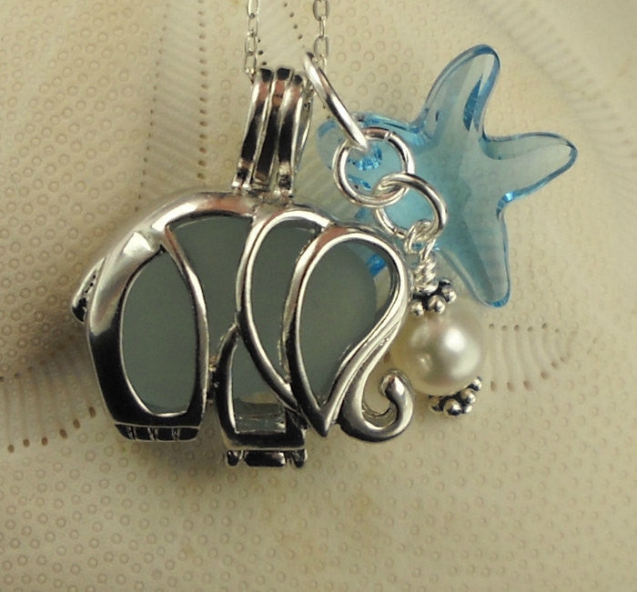Elephant Locket Aqua Sea Glass Necklace With Starfish And Pearl