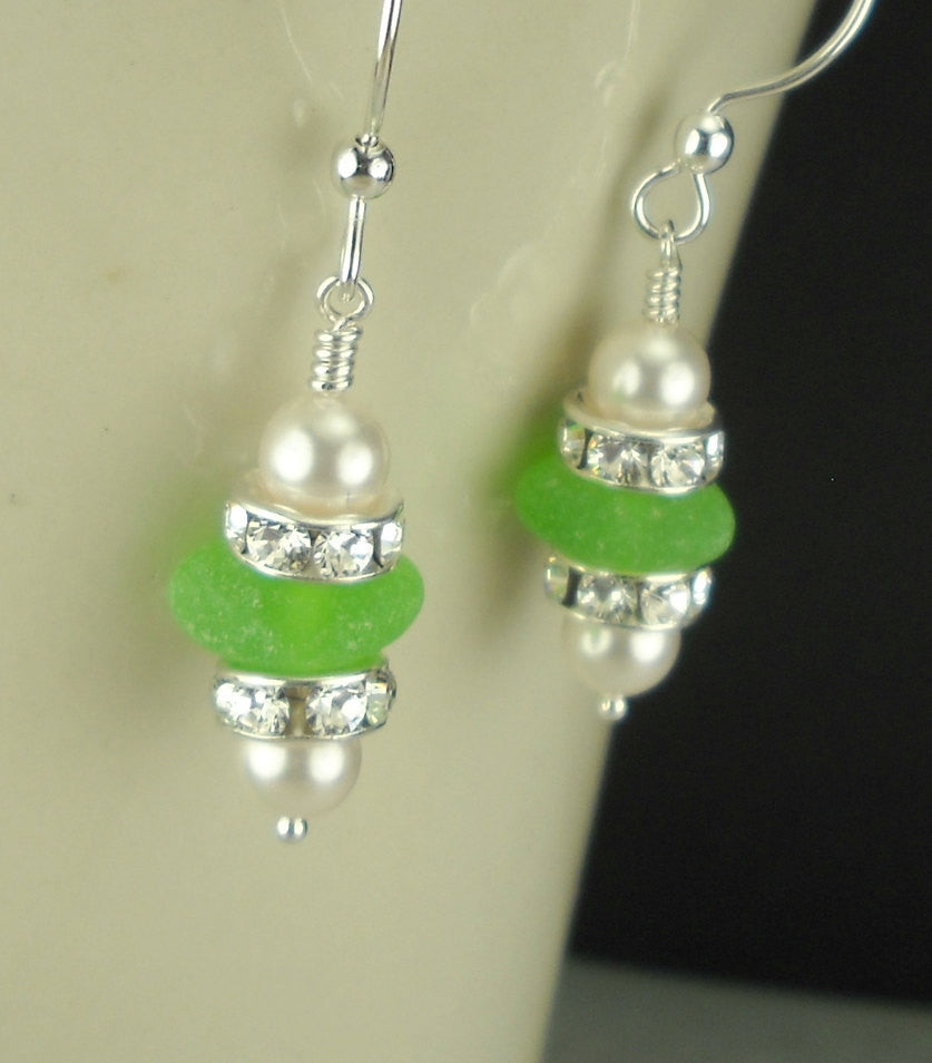 Sterling Silver Lime Green Genuine Sea Glass Dangle Earrings