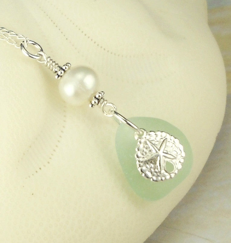 Aqua Sea Glass Necklace With Pearl And Sand Dollar