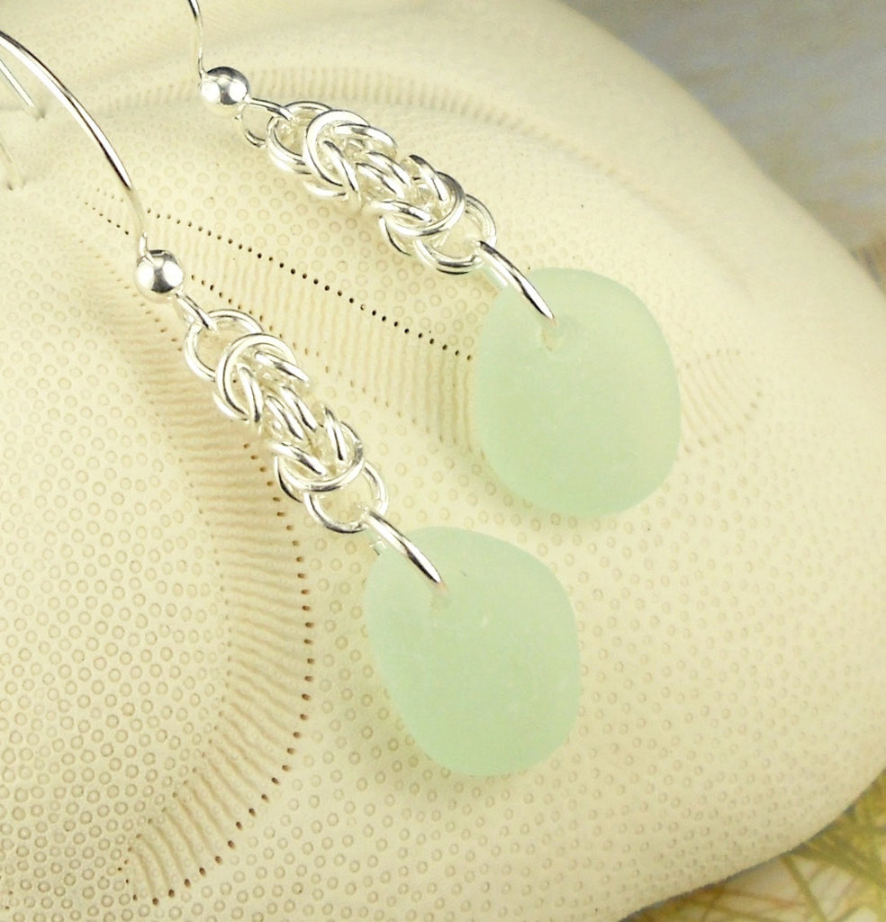 Artisan Chainmaille Earrings With Genuine Sea Glass