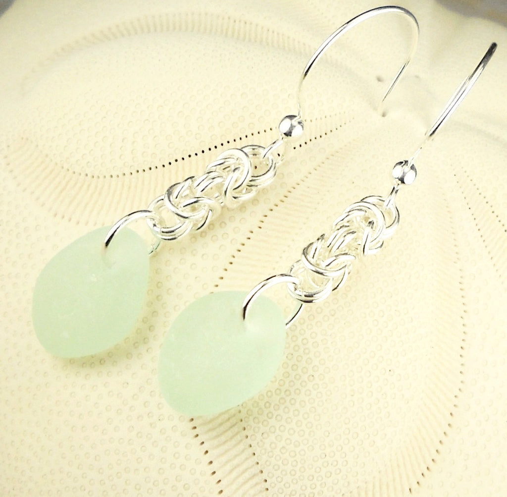 Artisan Made Chainmaille And Sea Glass Earrings