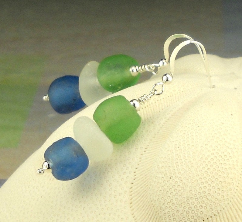 Ocean Waves Recycled Eco Friendly Sea Glass Earrings With Ghana Beads