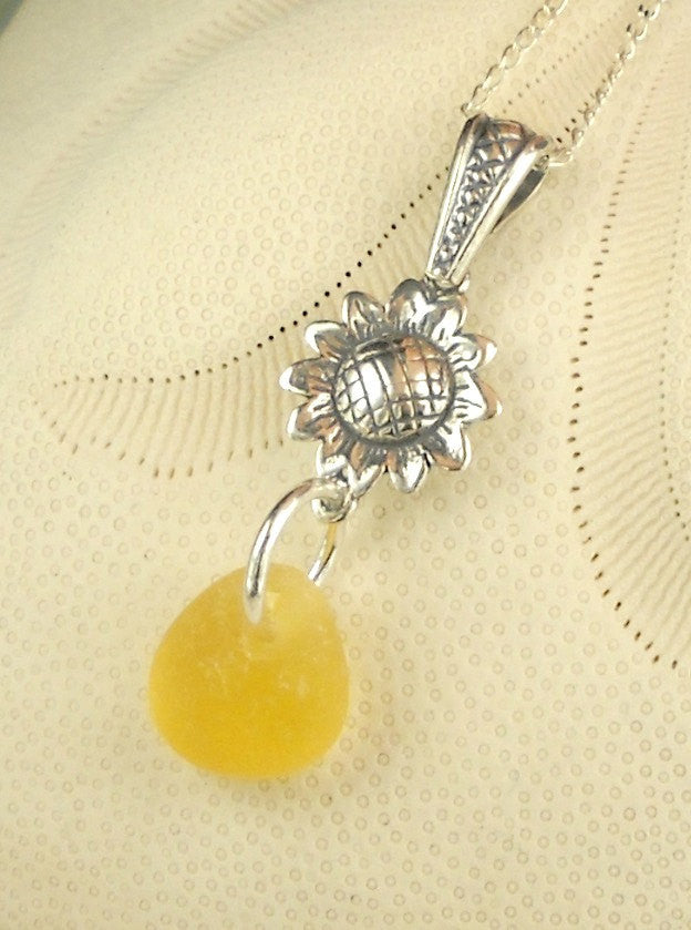 RARE Eco Friendly Sea Glass Jewelry Yellow English Sea Glass Sunflower Necklace