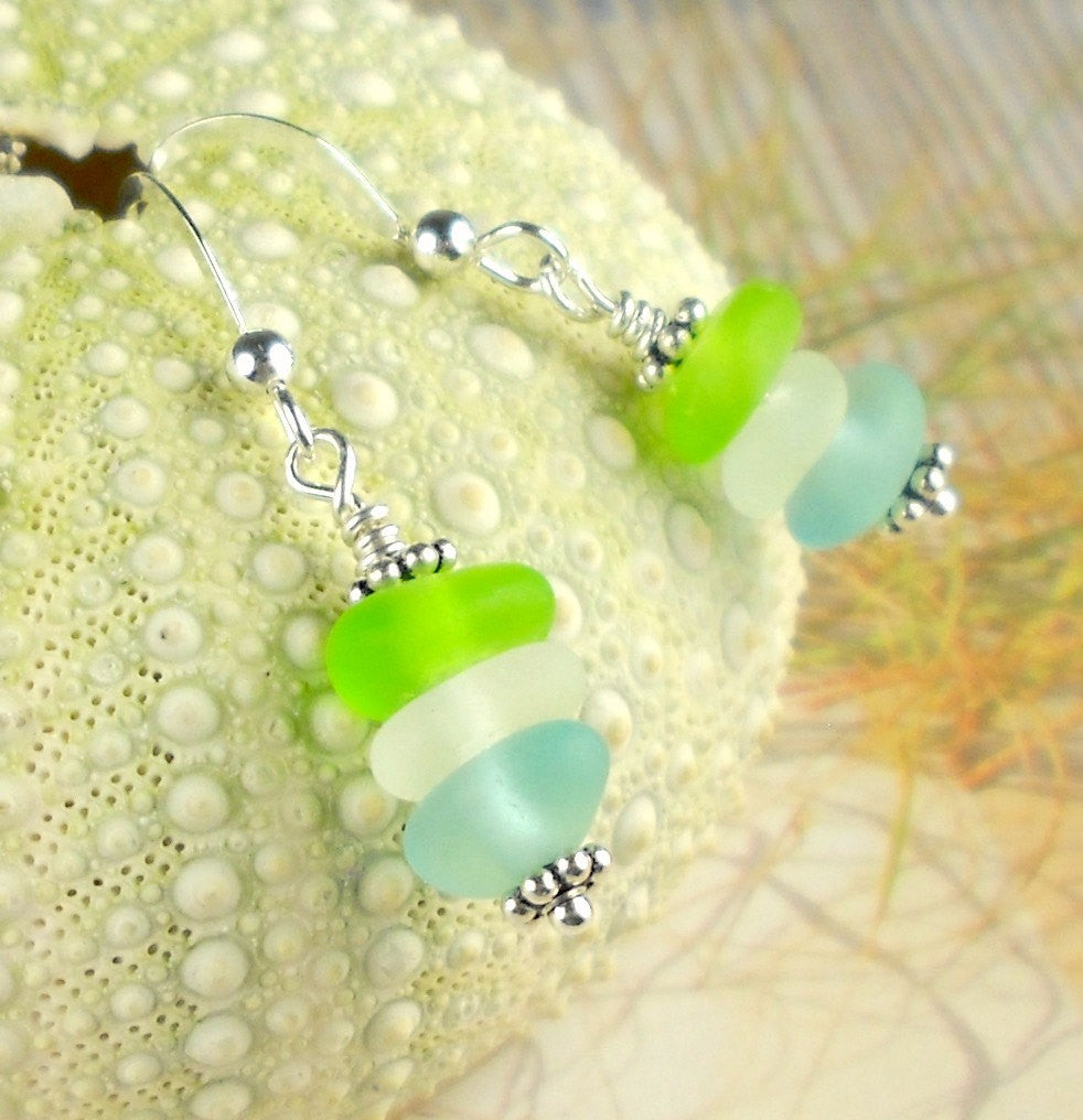 GENUINE Sea Glass Earrings Sterling Silver Lime Green Turquoise