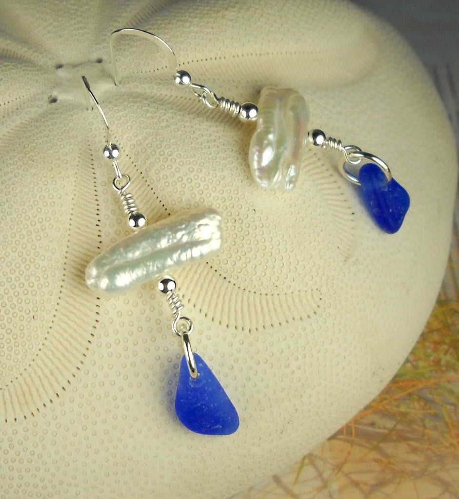 Custom GENUINE Cobalt Blue Sea Glass Earrings With Keishi Pearl Jewelry Sterling Silver