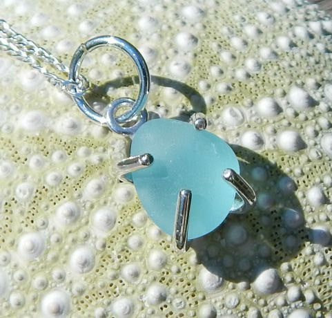 Eco Friendly GENUINE Sea Glass Jewelry In Sterling Silver Prong Aqua Beach Glass Necklace