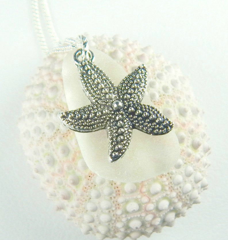 White Sea Glass Jewelry Starfish Necklace Beach Jewelry Genuine Seaglass Eco Friendly