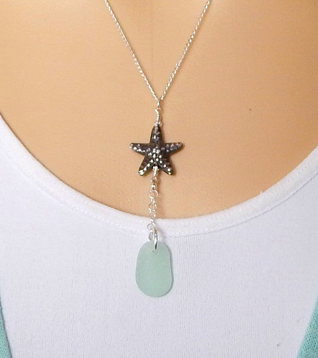 GENUINE Aqua Sea Glass Jewelry Y Necklace With Fine Silver Starfish Necklace