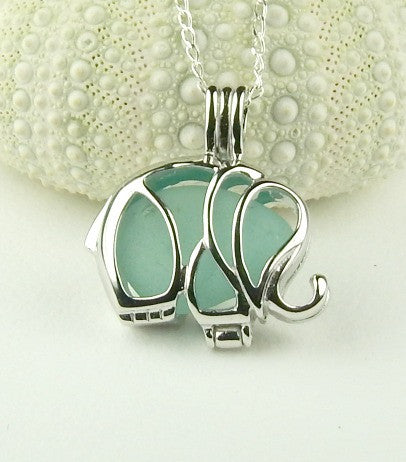 REAL Sea Glass Jewelry Elephant Locket With Turquoise Seaglass In Sterling