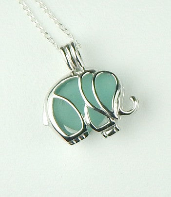 REAL Sea Glass Jewelry Elephant Locket With Turquoise Seaglass In Sterling