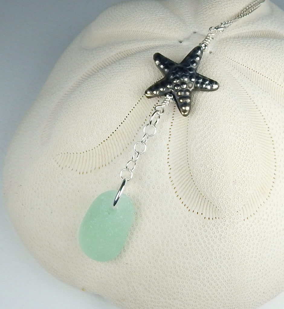 GENUINE Aqua Sea Glass Jewelry Y Necklace With Fine Silver Starfish Necklace