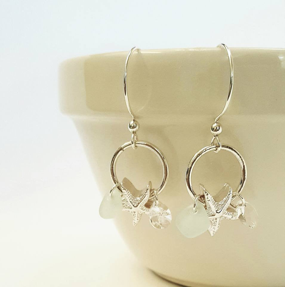 Starfish Jewelry GENUINE Sea Glass Earrings In Aqua And Silver