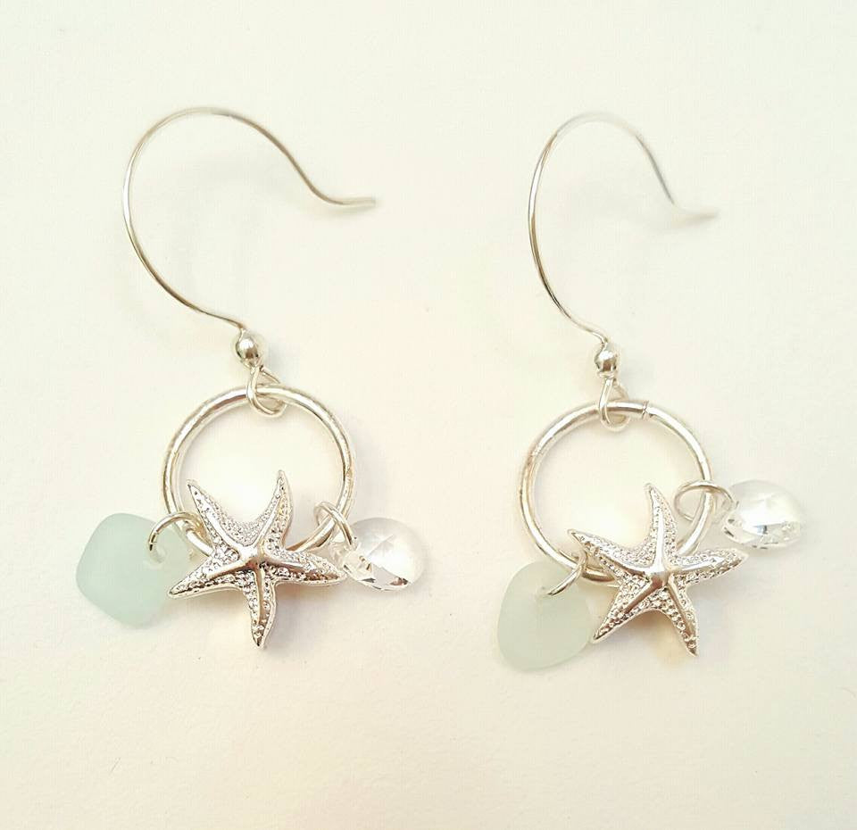 Starfish Jewelry GENUINE Sea Glass Earrings In Aqua And Silver