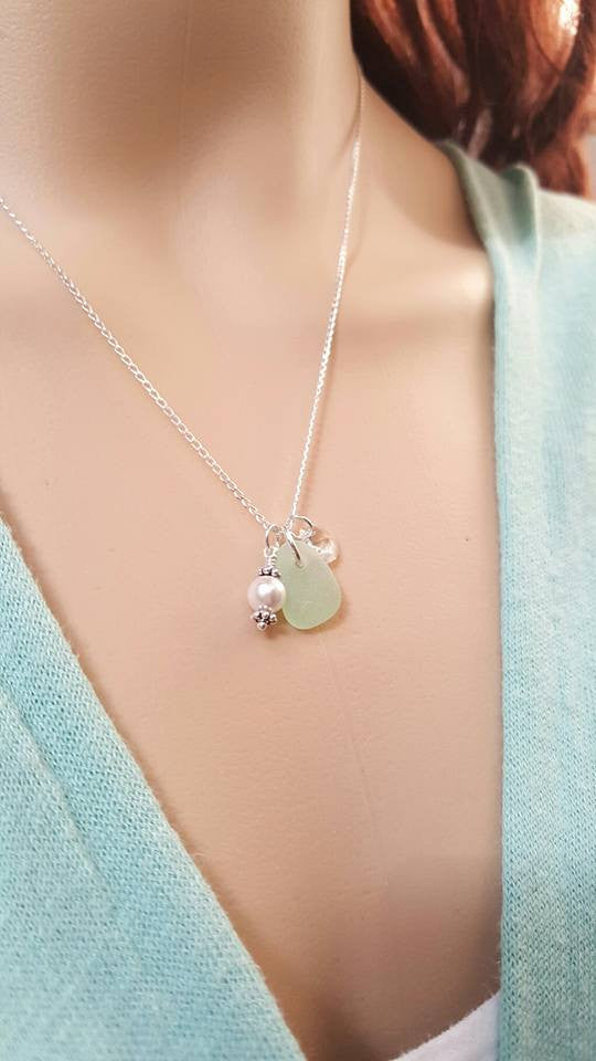 Genuine Sea Glass Necklace With Swarovski Crystal Jewelry