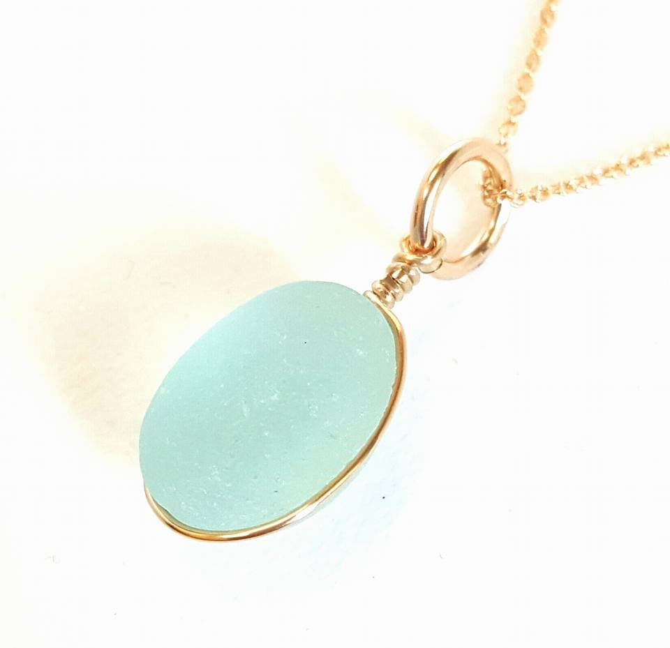 Blue English Sea Glass Necklace Wrapped In Gold