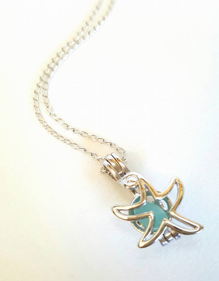 Starfish Locket Necklace GENUINE Sea Glass Jewelry Sterling Silver And Aqua