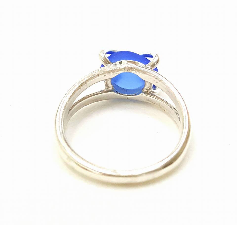 Genuine Sea Glass Ring Sterling Silver Solitaire Ring In Blue Seaglass