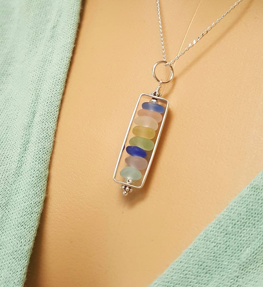 Beach Necklace GENUINE Sea Glass Necklace Sterling Silver Rectangle Locket Necklace Statement