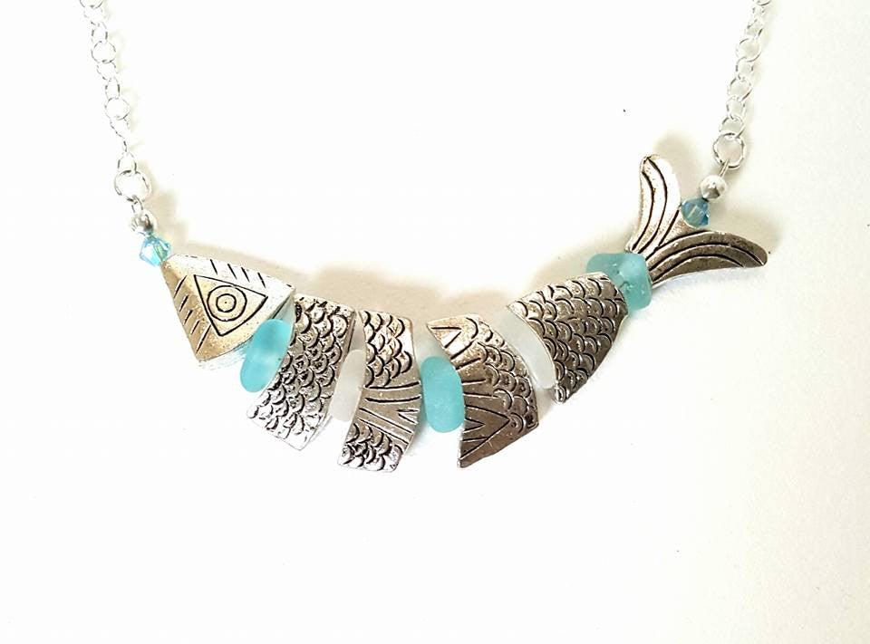 Fish Jewelry And Sea Glass Necklace In Silver And Deep Aqua Blue Seaglass Statement